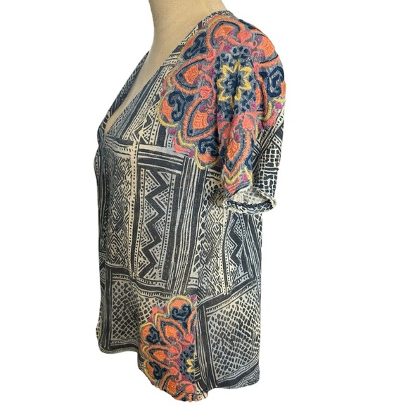 Sundance 100% Linen Embroidered V Neck Floral Boho Blue Short Sleeves Top XS - Picture 7 of 11